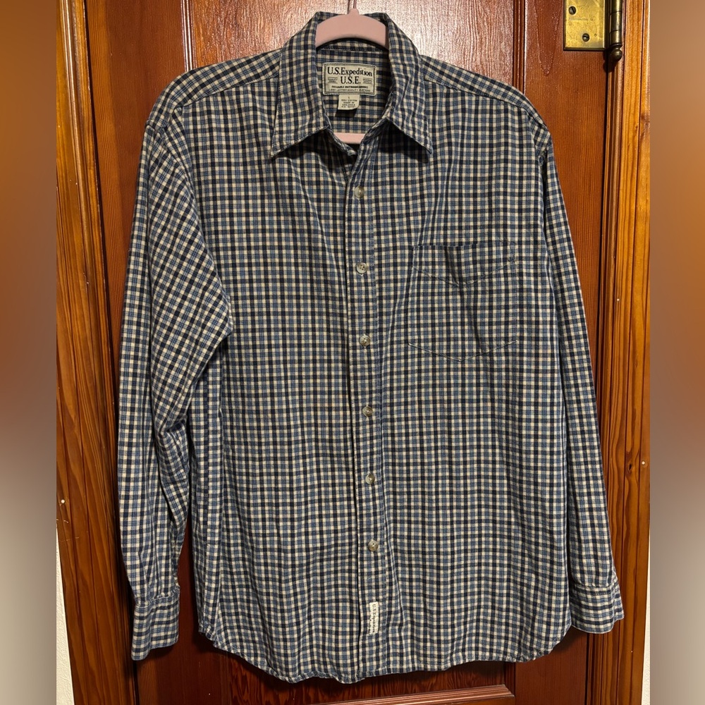 US EXPEDITION Blue Plaid Flannel Long Sleeve Button Up Men’s Shirt Size Large